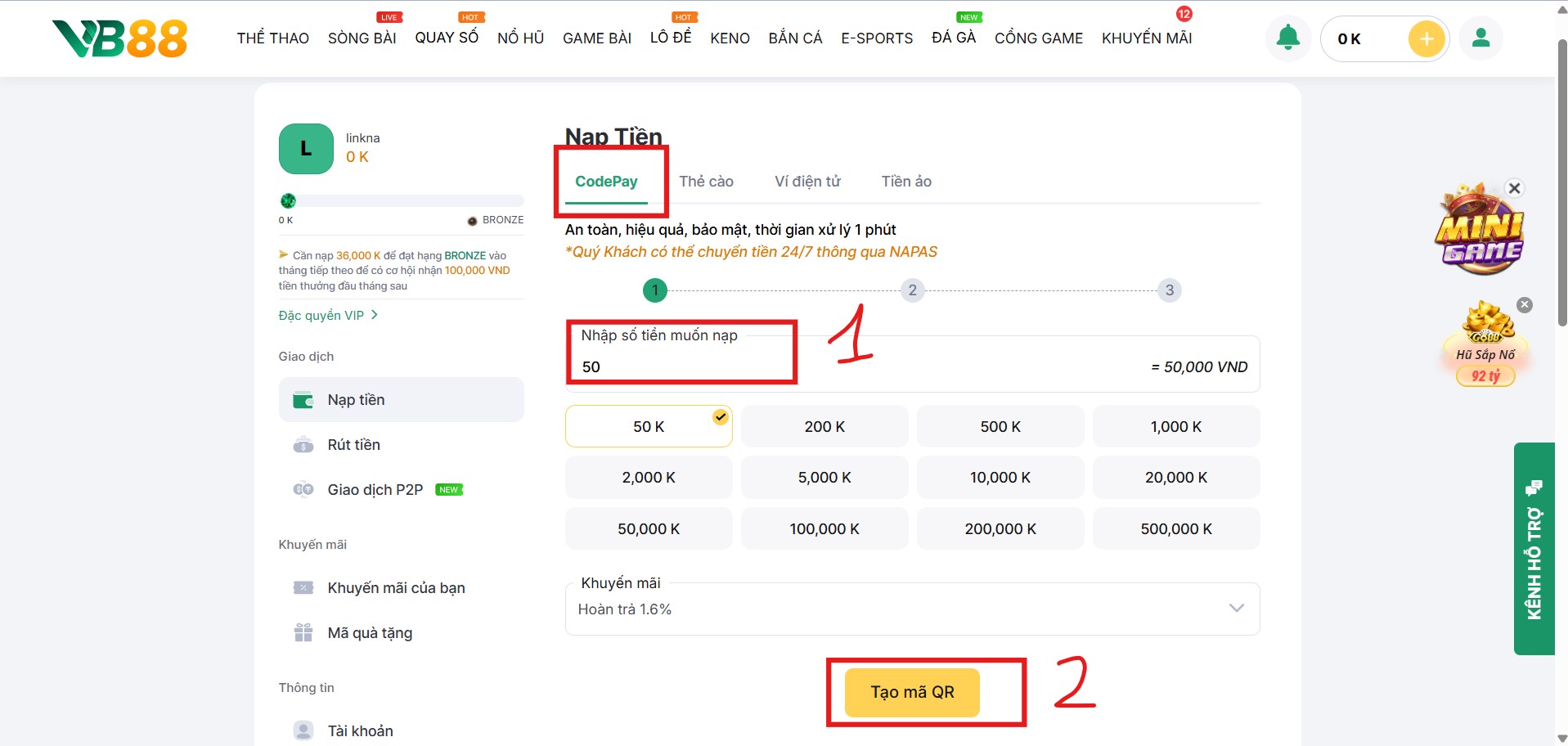 Nạp Tiền VB88 - Đảm Bảo Giao Dịch An Toàn, Tham Gia Ngay 3 Nạp tiền VB88 qua CODEPAY