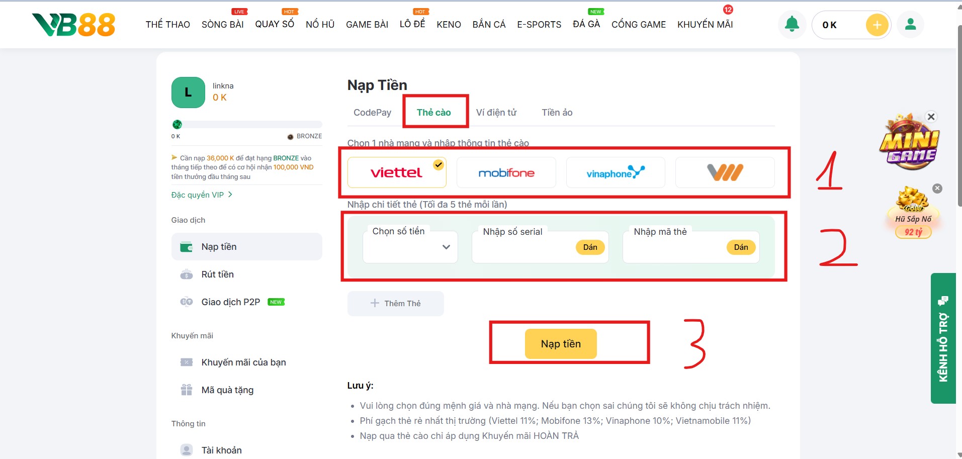 Nạp Tiền VB88 - Đảm Bảo Giao Dịch An Toàn, Tham Gia Ngay 6 Giao dịch gửi tiền vào tài khoản nhà cái bằng thẻ cào