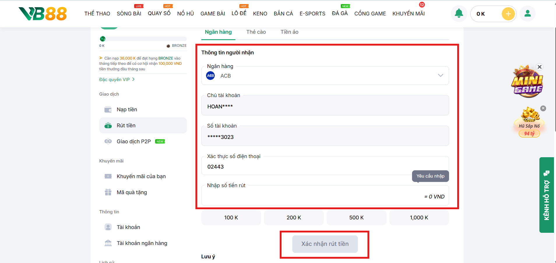 Hướng Dẫn Rút Tiền VB88 Nhanh Chóng Và An Toàn Nhất 3 Rút tiền về tài khoản ngân hàng